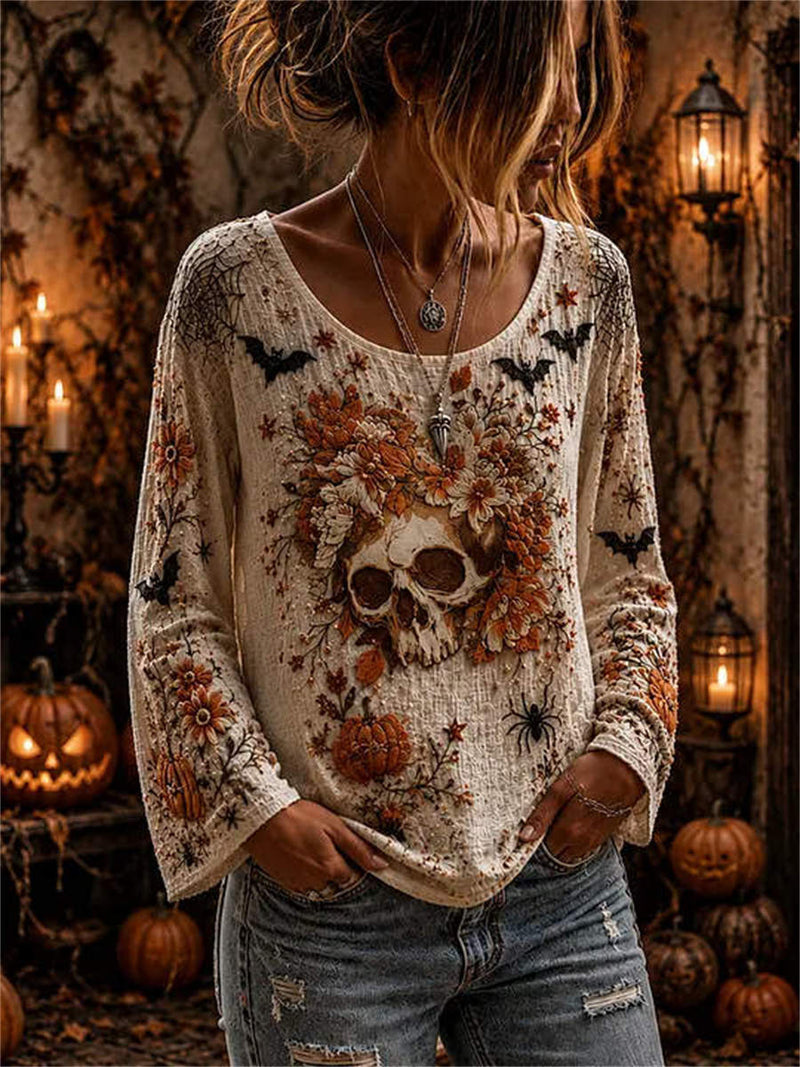 Women's Halloween Off White Skull Floral Pumpkin Print Scoop Neck Long Sleeve Blouse