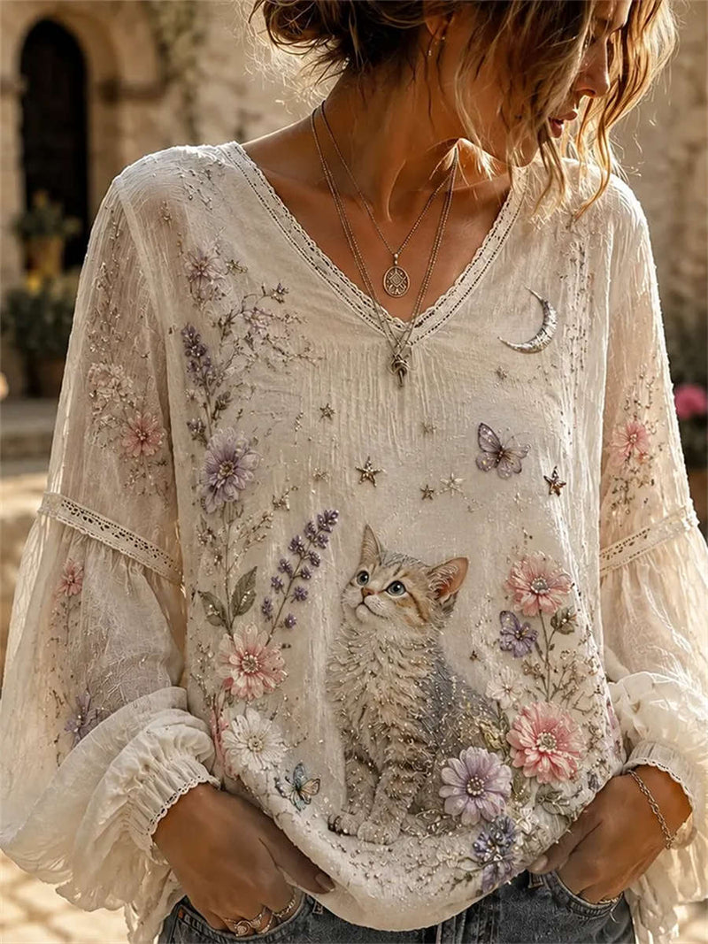 Women's Off White Floral Cat Butterfly Print Lace V Neck Long Sleeve Blouse