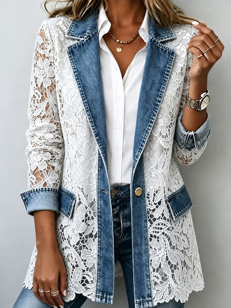 Women's White Floral Lace Denim Splicing Lapel Single Button Long Sleeve Jacket