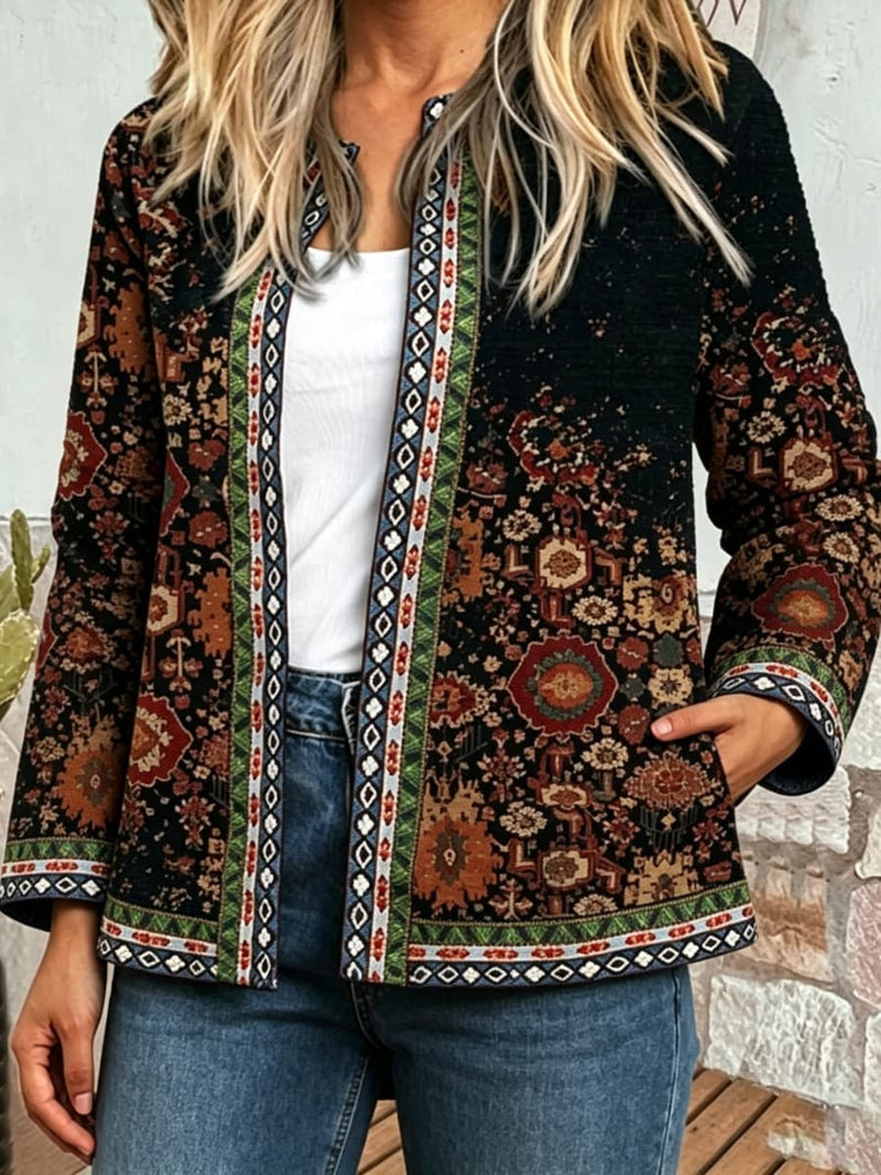 Women's Black Vintage Ethnic Floral Print Open Front Long Sleeve Jacket