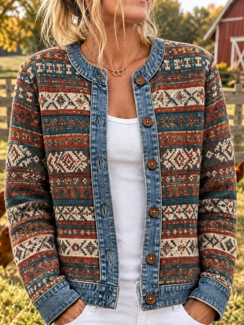 Women's Ethnic Geometric Stripe Print Button Round Neck Long Sleeve Jacket