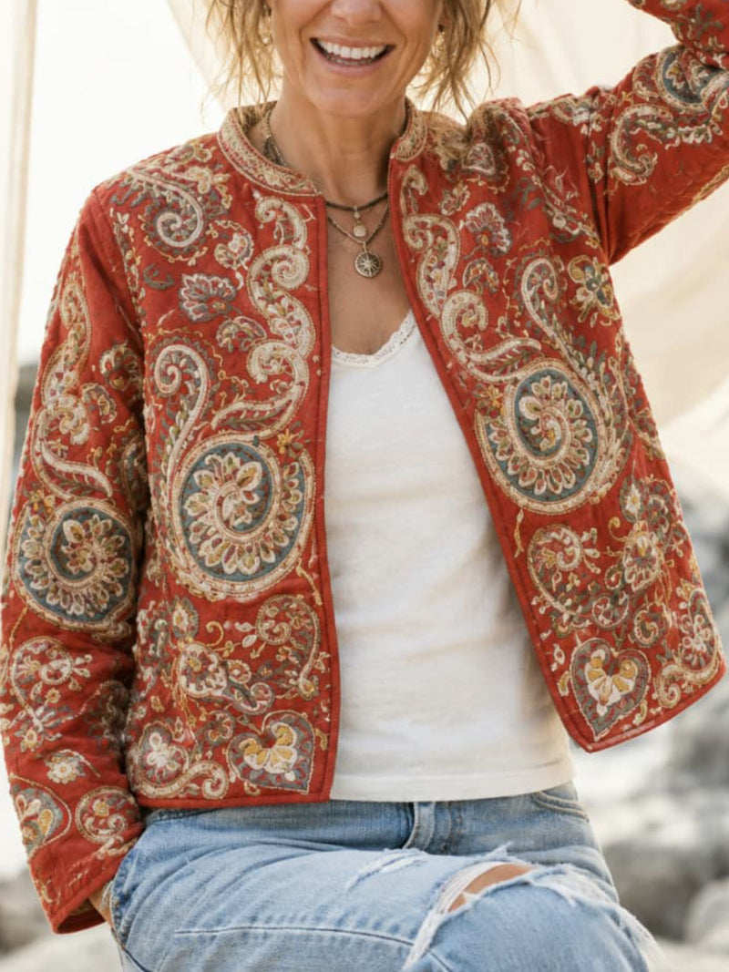 Women's Red Paisley Floral Print Round Neck Long Sleeve Jacket