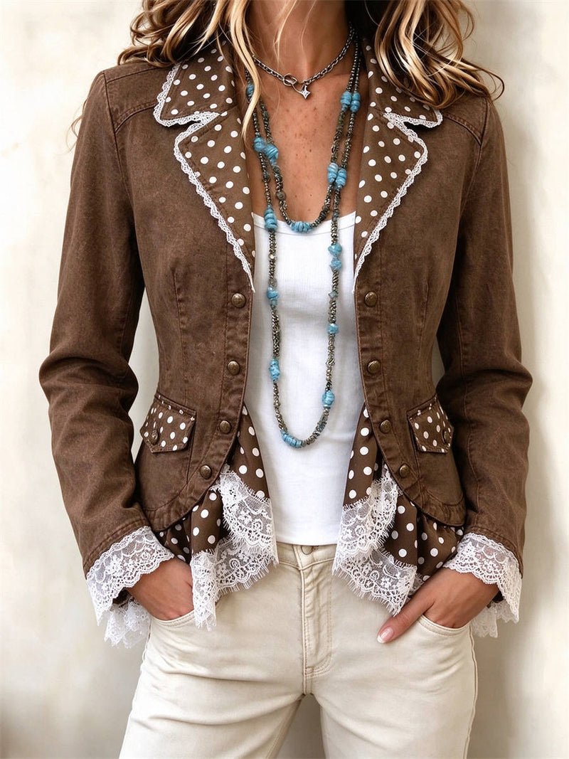 Women's Brown Polka Dot Lace Spliced Lapel Long Sleeve Jacket