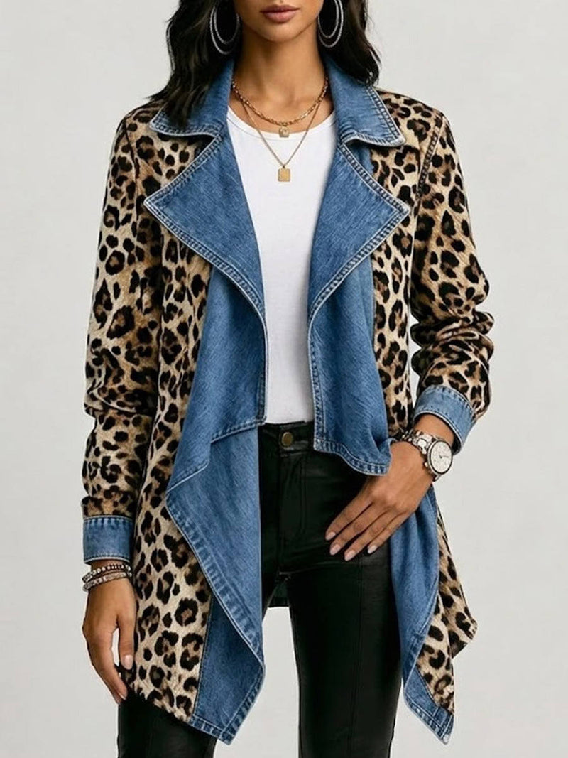Women's Khaki Leopard Print Denim Spliced Lapel Long Sleeve Open Front Jacket