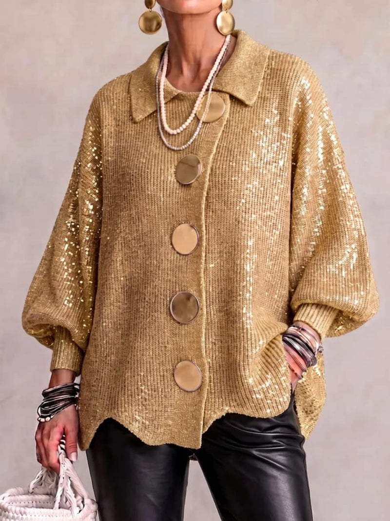 Women's Gold Big Button Lantern Lapel Long Sleeve Cardigan