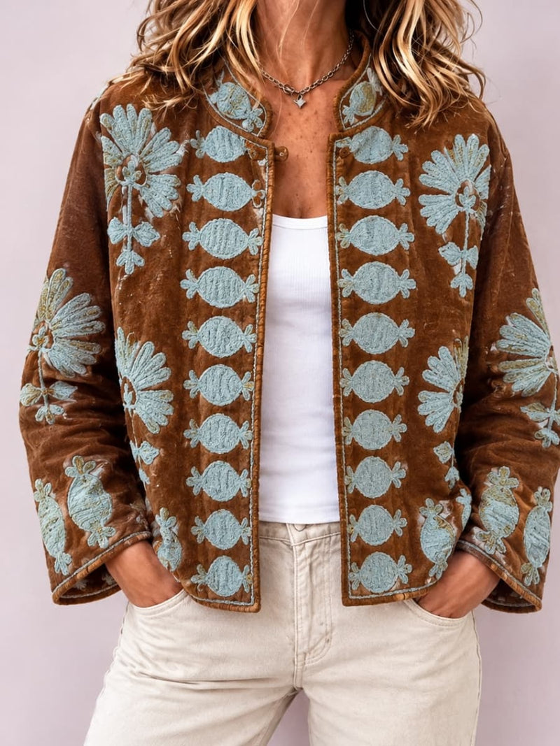 Women's Brown Light Blue Floral Print Stand Collar Long Sleeve Jacket