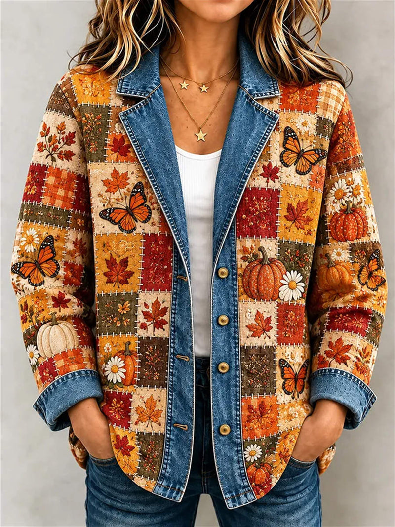 Women's Thanksgiving Orange Patchwork Butterfly Pumpkin Print Lapel Collar Long Sleeve Jacket
