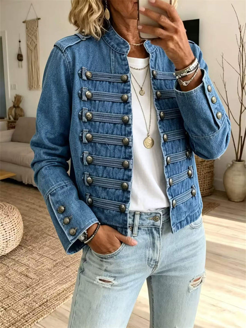 Women's Blue Stand Collar Double Breasted Long Sleeve Denim Jacket