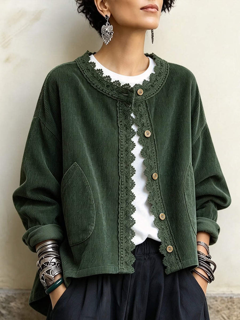 Women's Dark Green Lace Trim Round Neck Long Sleeve Corduroy Jacket