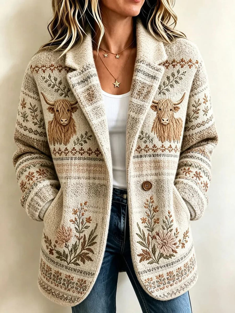 Women's Beige Highland Cow Floral Print Lapel Collar Long Sleeve Coat