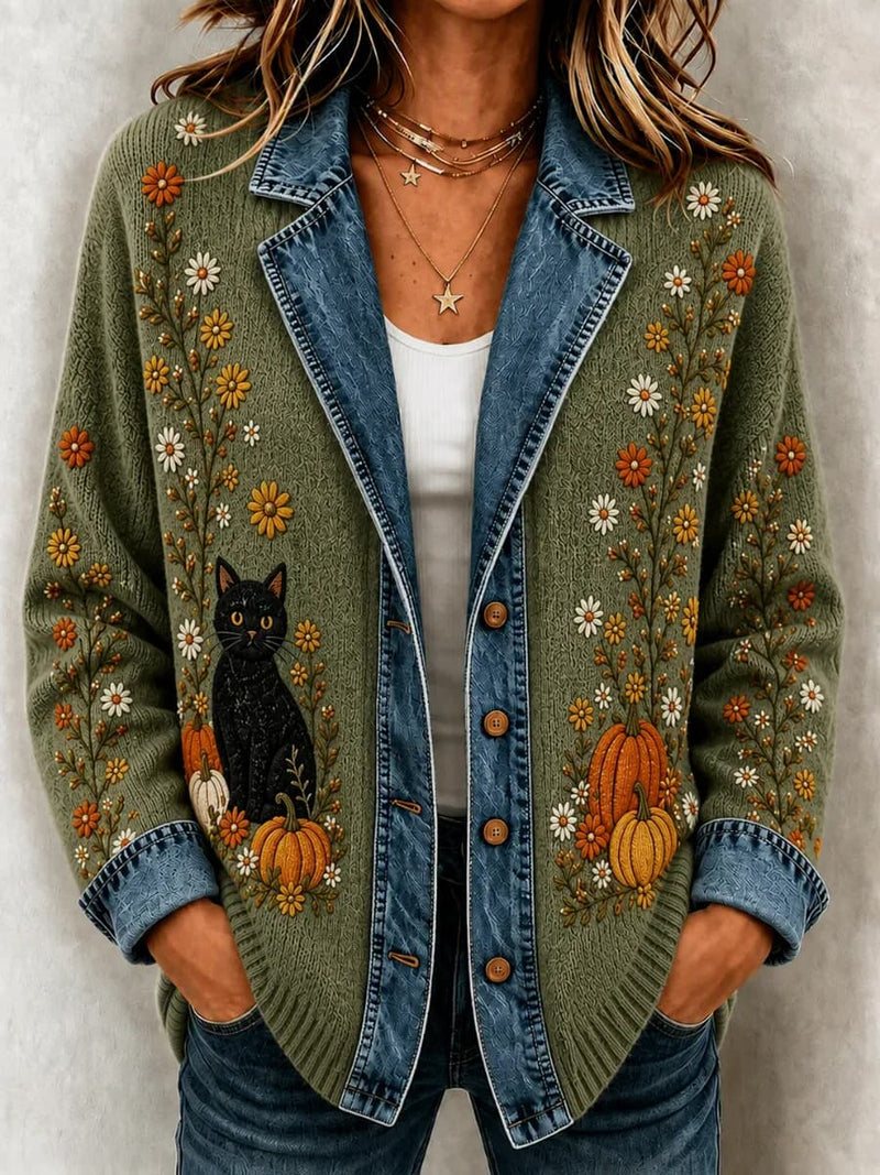 Women's Green Cat Pumpkin Floral Print Lapel Long Sleeve jacket