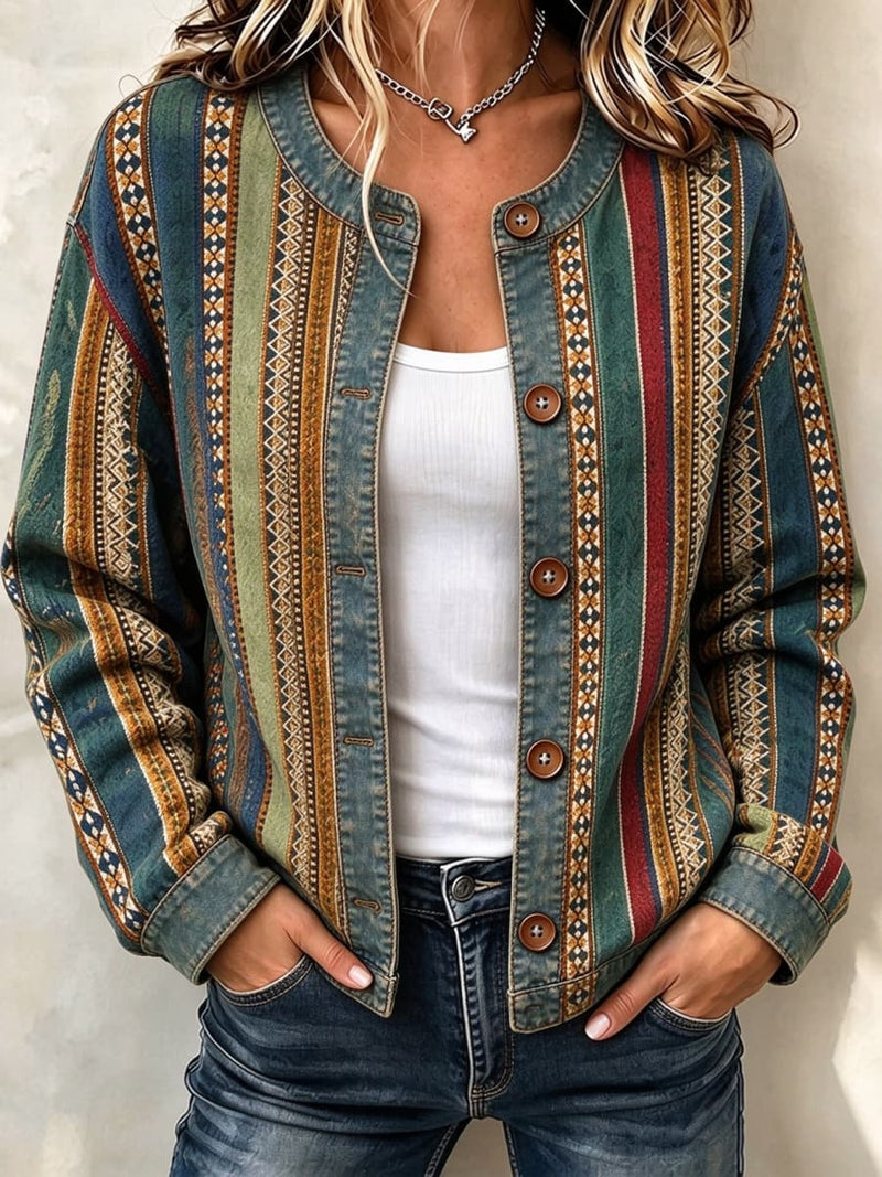 Women's Multi Ethnic Stripe Print Round Neck Long Sleeve Jacket