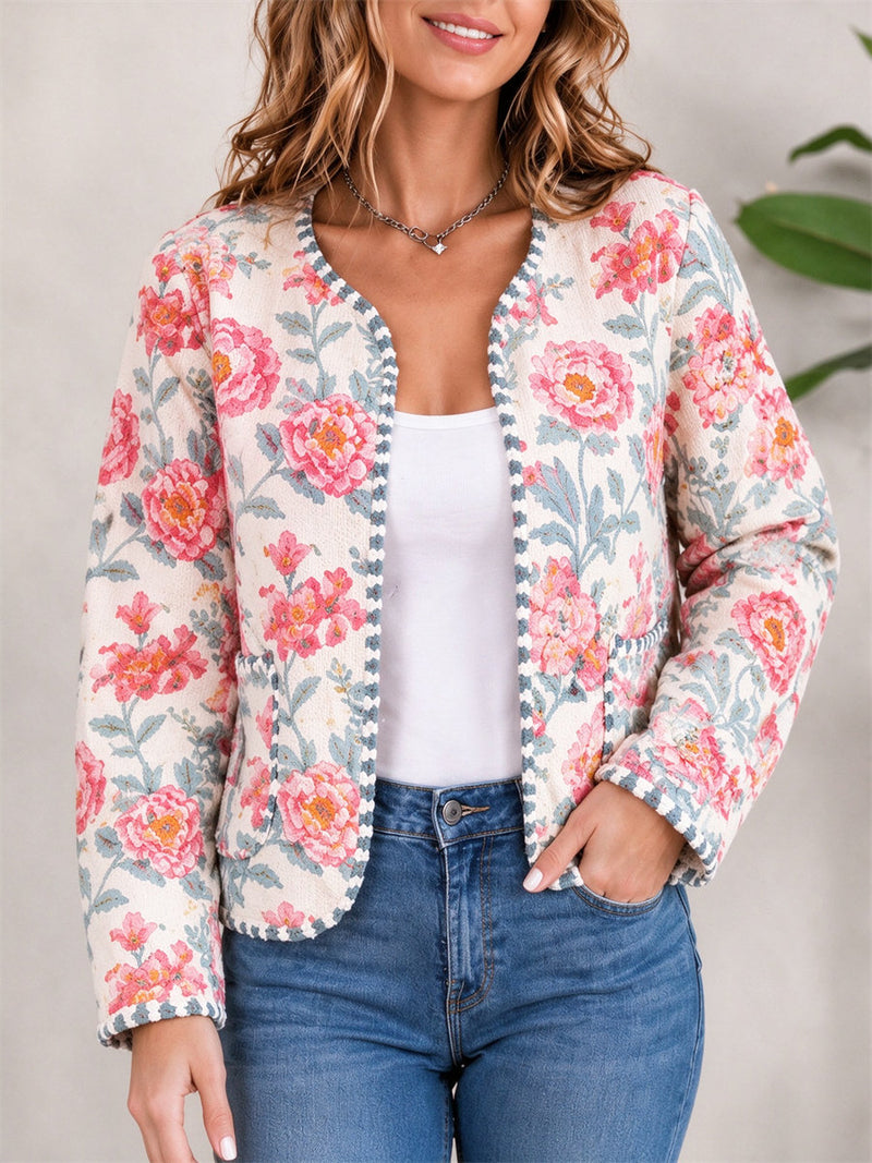 Women's Cream Pink Floral Print Round Neck Long Sleeve Jacket