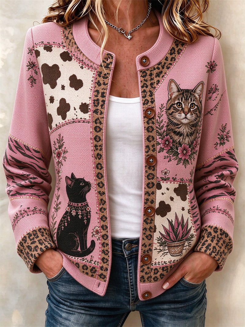 Women's Pink Cat Cow Leopard Floral Patchwork Print Round Neck Long Sleeve Jacket