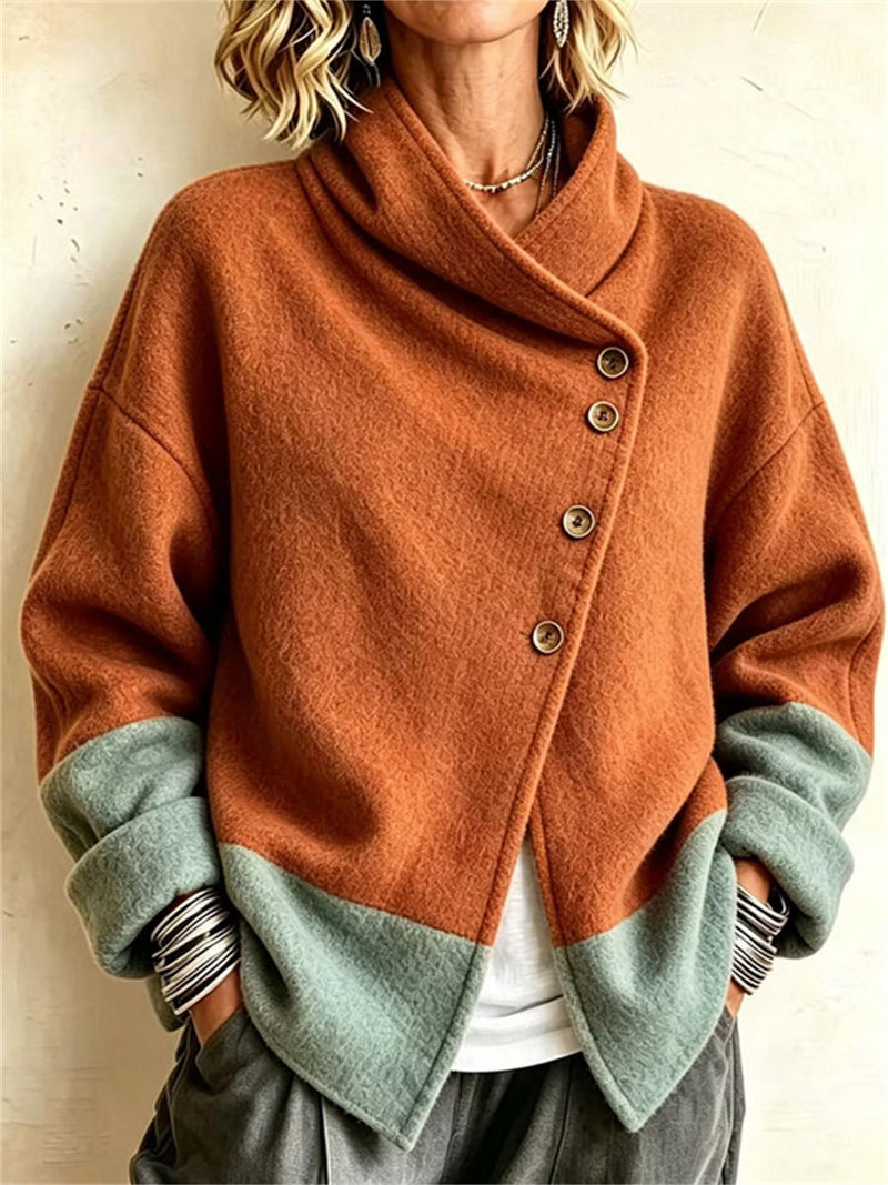 Women's Orange Green Color Block Wrap Cowl Neck Button Long Sleeve Jacket