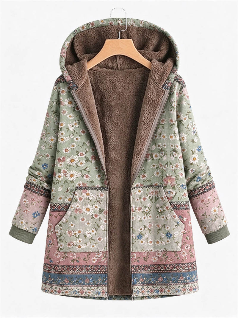 Women's Floral Patchwork Print Hooded Zip Up Long Sleeve Jacket