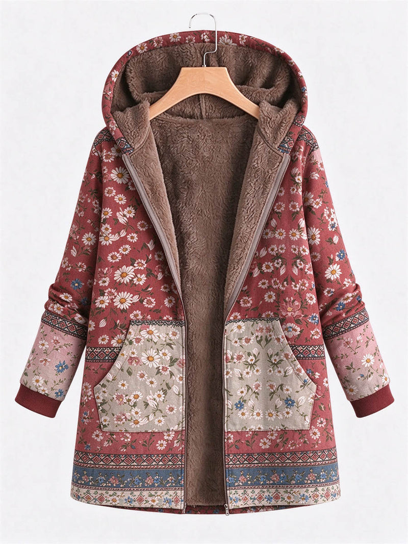 Women's Floral Patchwork Print Hooded Zip Up Long Sleeve Jacket