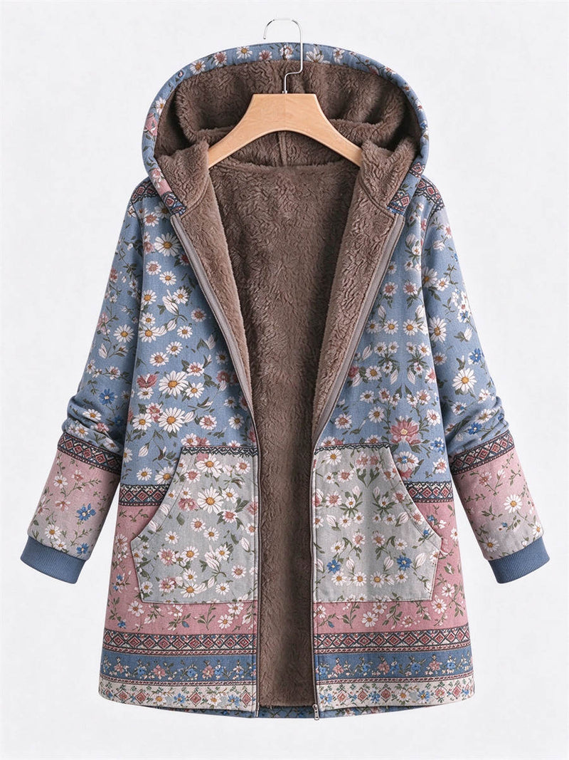 Women's Floral Patchwork Print Hooded Zip Up Long Sleeve Jacket