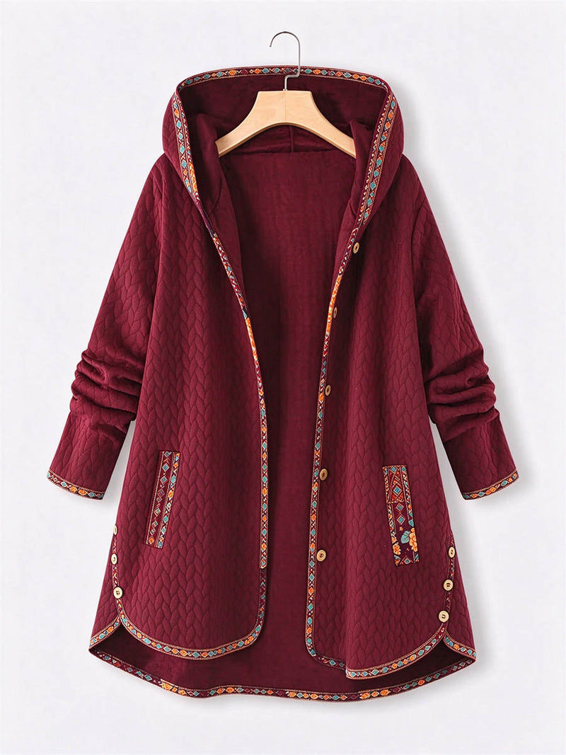 Women's Ethnic Trim Hooded Long Sleeve Jacket