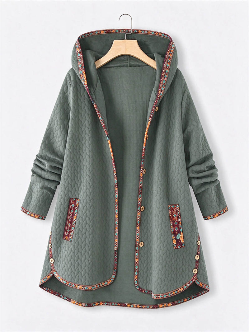 Women's Ethnic Trim Hooded Long Sleeve Jacket