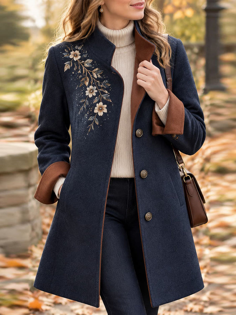 Women's Navy Floral Print Stand Collar Long Sleeve Coat