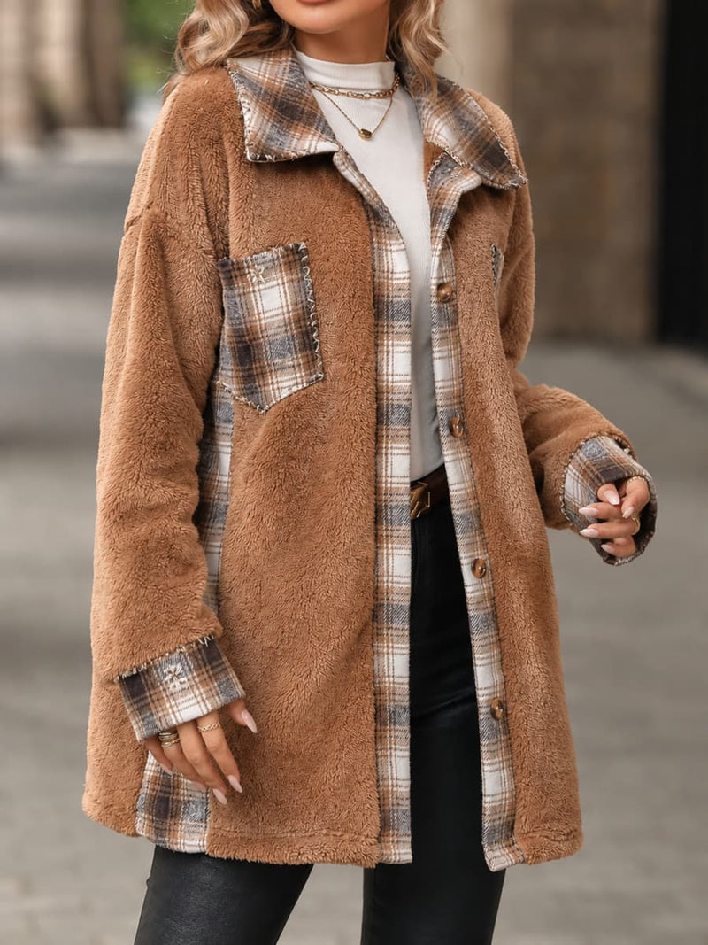 Women's Brown Plaid Splicing Lapel Long Sleeve Fleece Coat