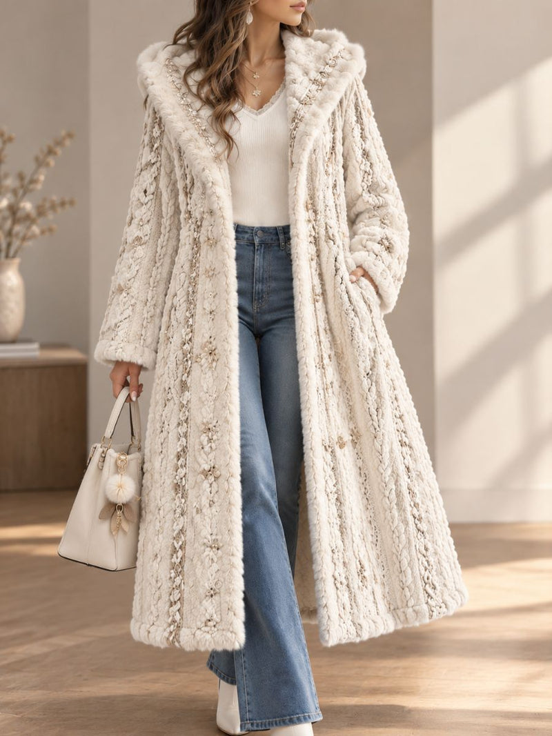 Women's Off White Floral Decor Hooded Long Sleeve Fuzzy Coat