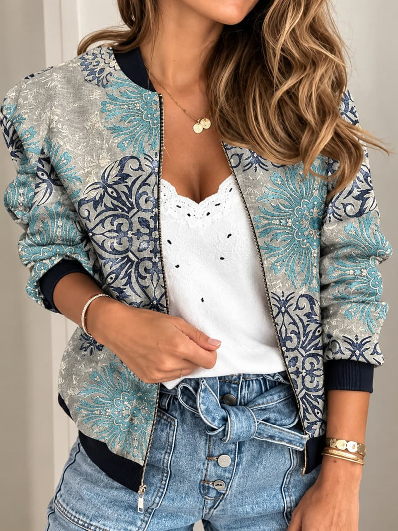 Women's Grey Vintage Floral Print Zip Up Short Stand Collar Long Sleeve Jacket