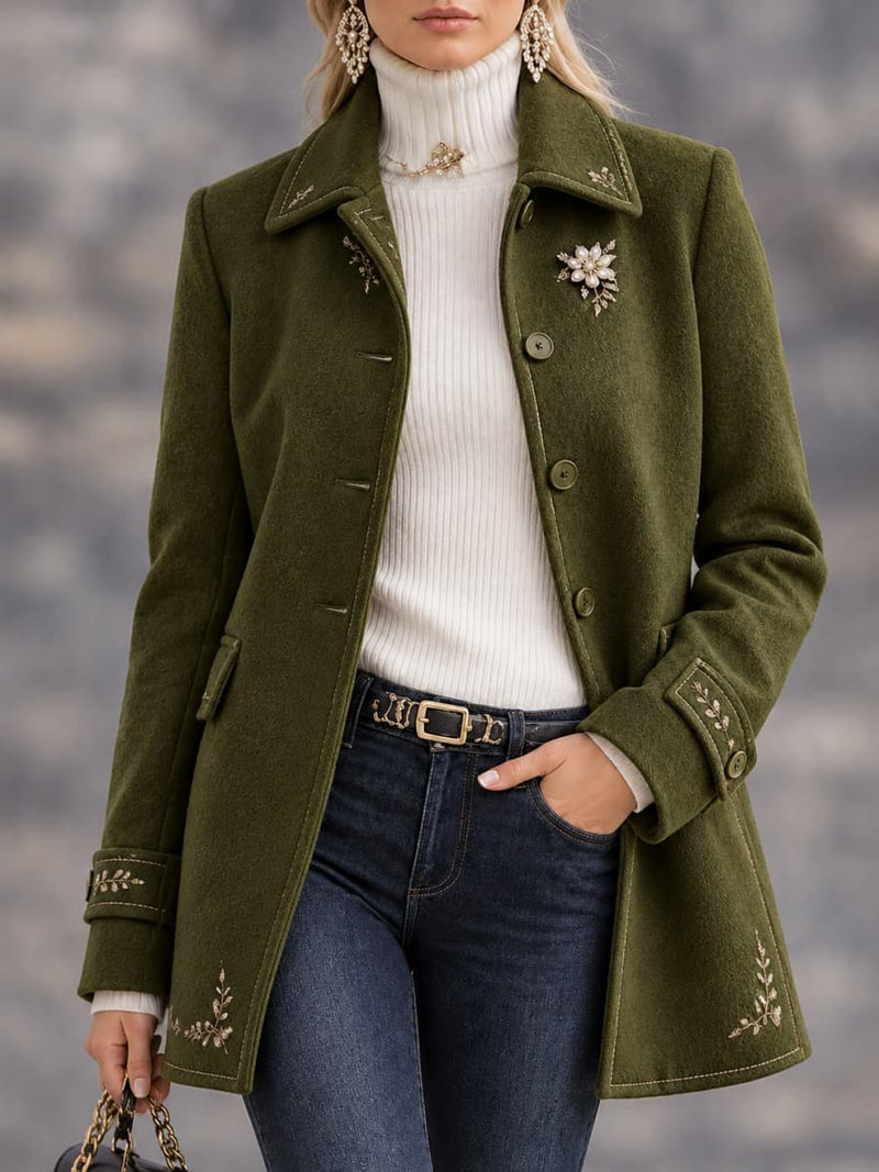 Women's Army Green Floral Print Lapel Collar Button Front Long Sleeve Coat