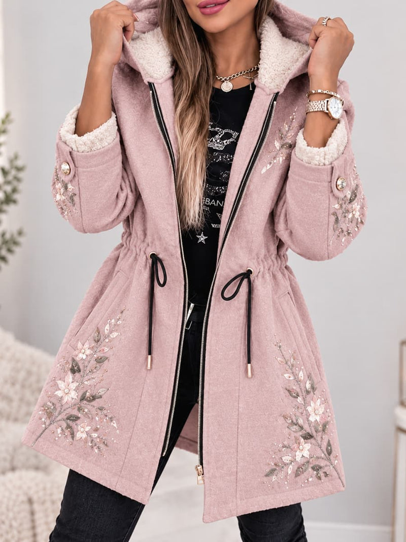 Women's Floral Print Fleece Lined Hooded Zip Up Drawstring Waist Long Sleeve Coat