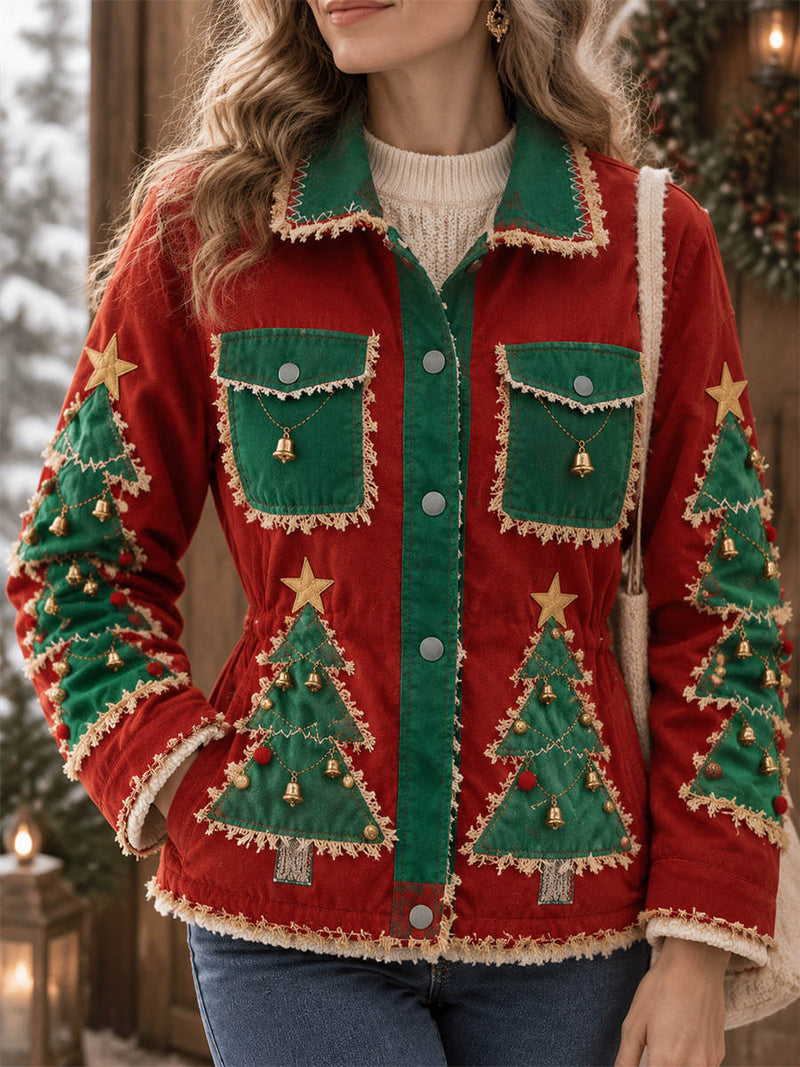 Women's Christmas Red Christmas Tree Bell Print Fringe Collared Long Sleeve Jacket