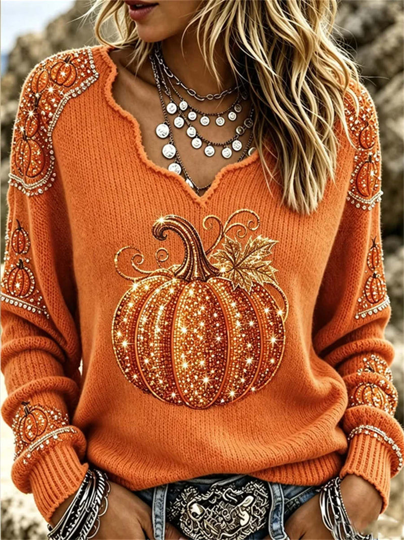 Women's Halloween Orange Pumpkin Maple Leaf Print V Neck Long Sleeve Sweater