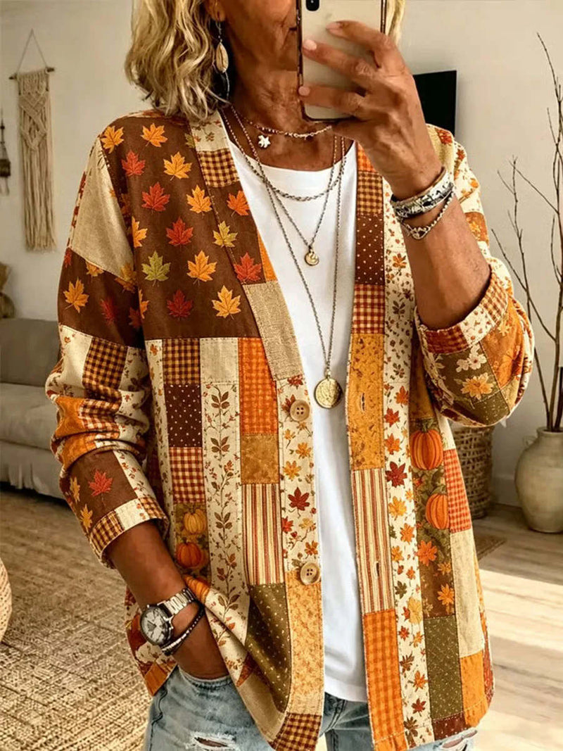 Women's Halloween Multi Maple Leaf Pumpkin Plaid Patchwork Print V Neck Long Sleeve Cardigan