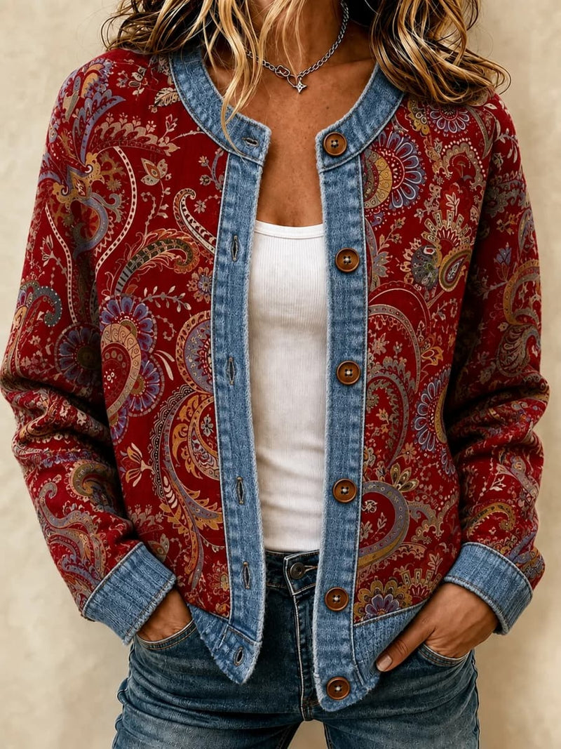 Women's Red Paisley Floral Print Denim Splicing Button Front Long Sleeve Cardigan
