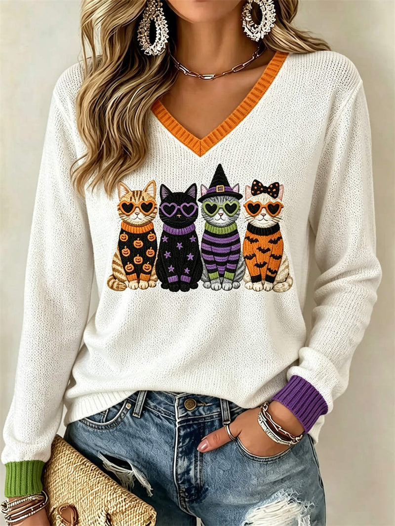 Women's Halloween White funny Cat Print V Neck Long Sleeve Sweater
