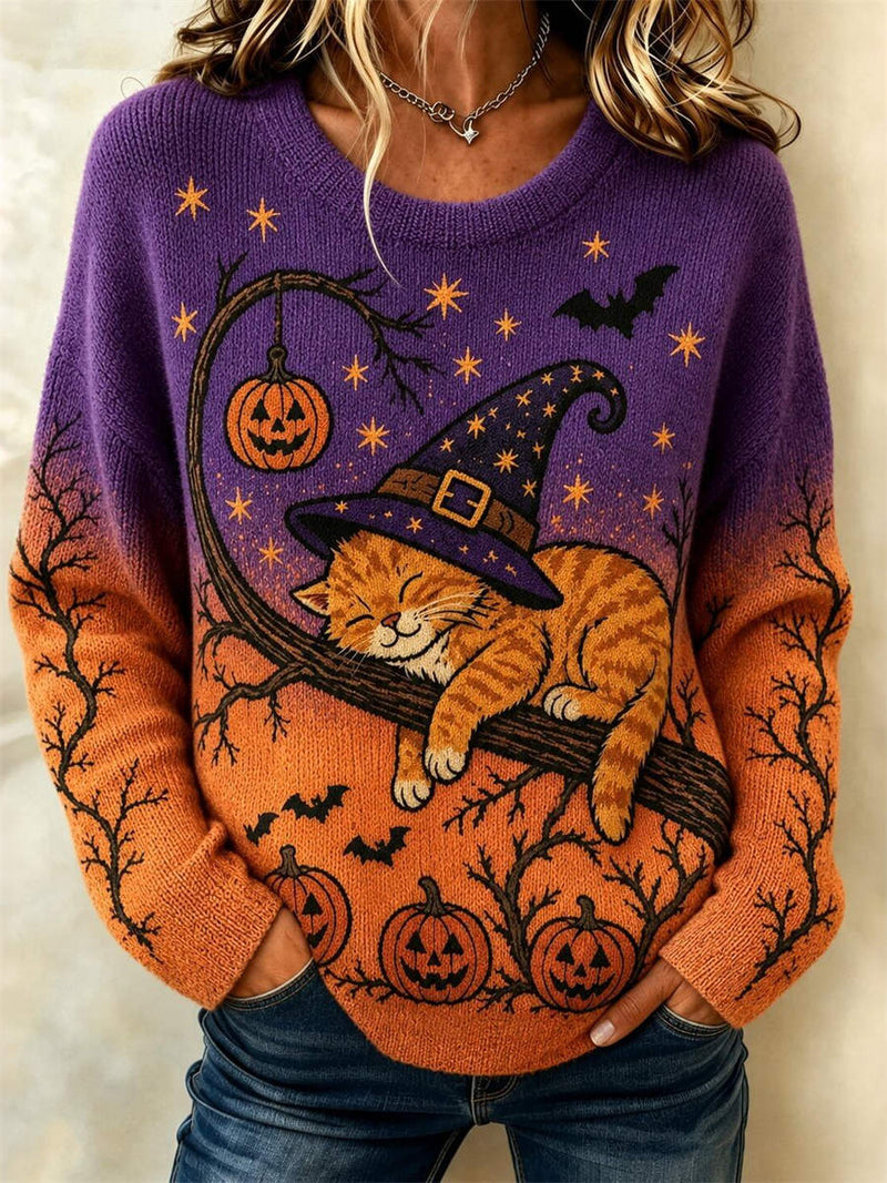 Women's Halloween Purple Orange Gradient Wizard Cat Pumpkin Print Round Neck Long Sleeve Sweater