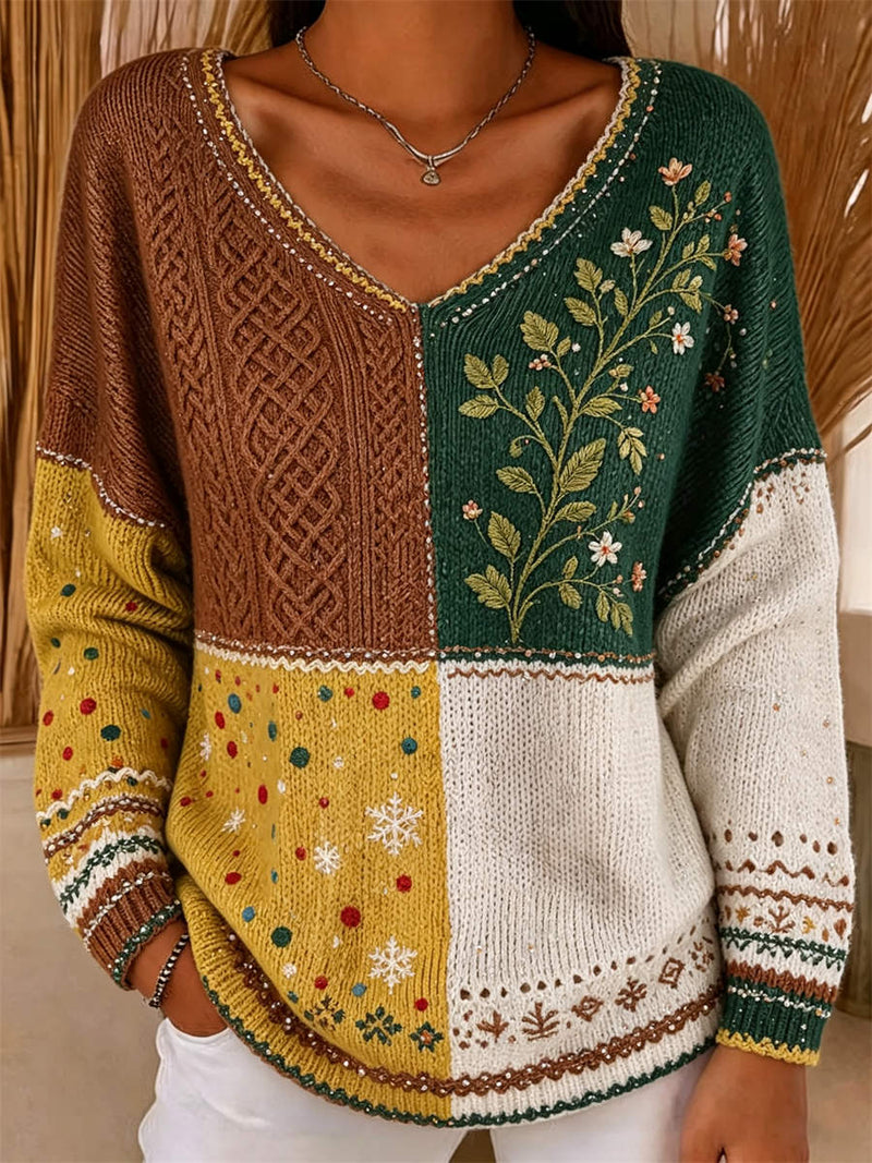 Women's Multi Color Block Floral Snowflake Print V Neck Long Sleeve Sweater