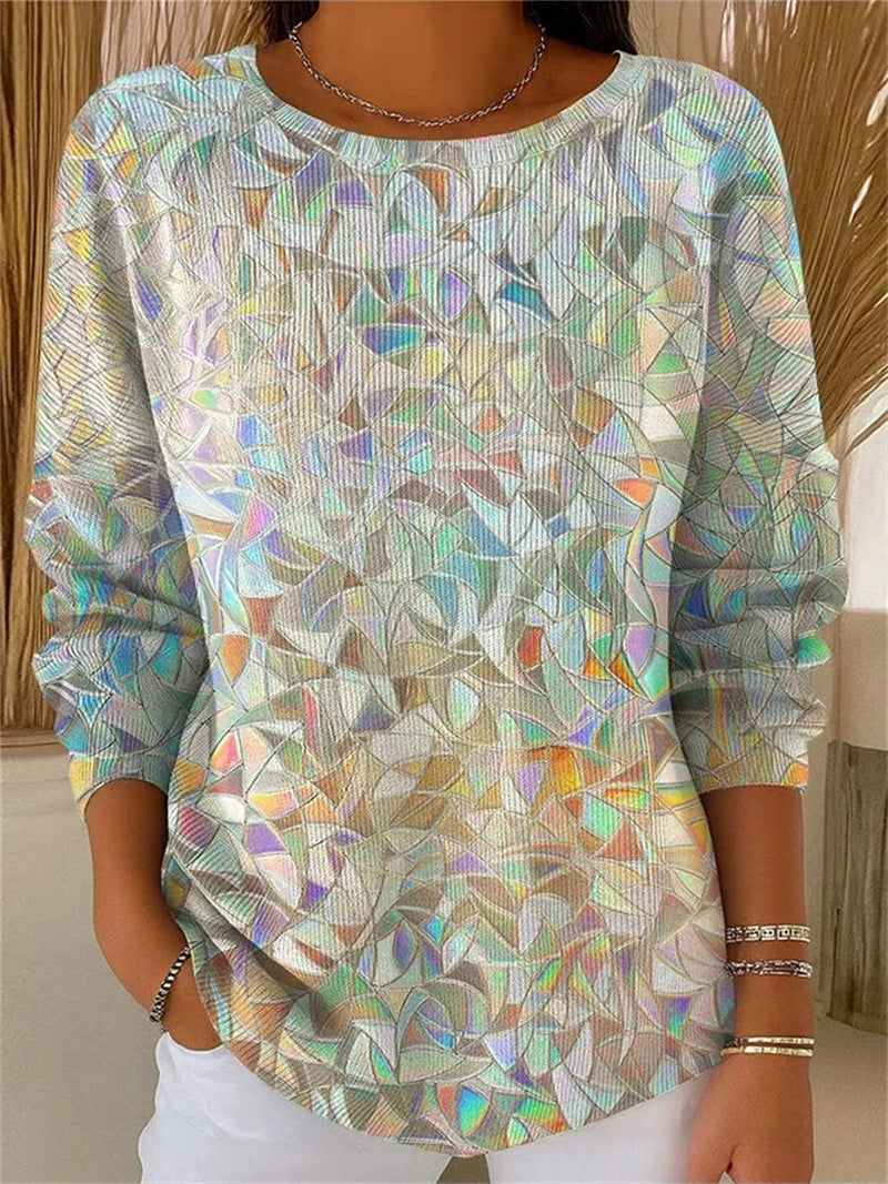 Women's Colorful Geometric Print Round Neck Long Sleeve Sweater