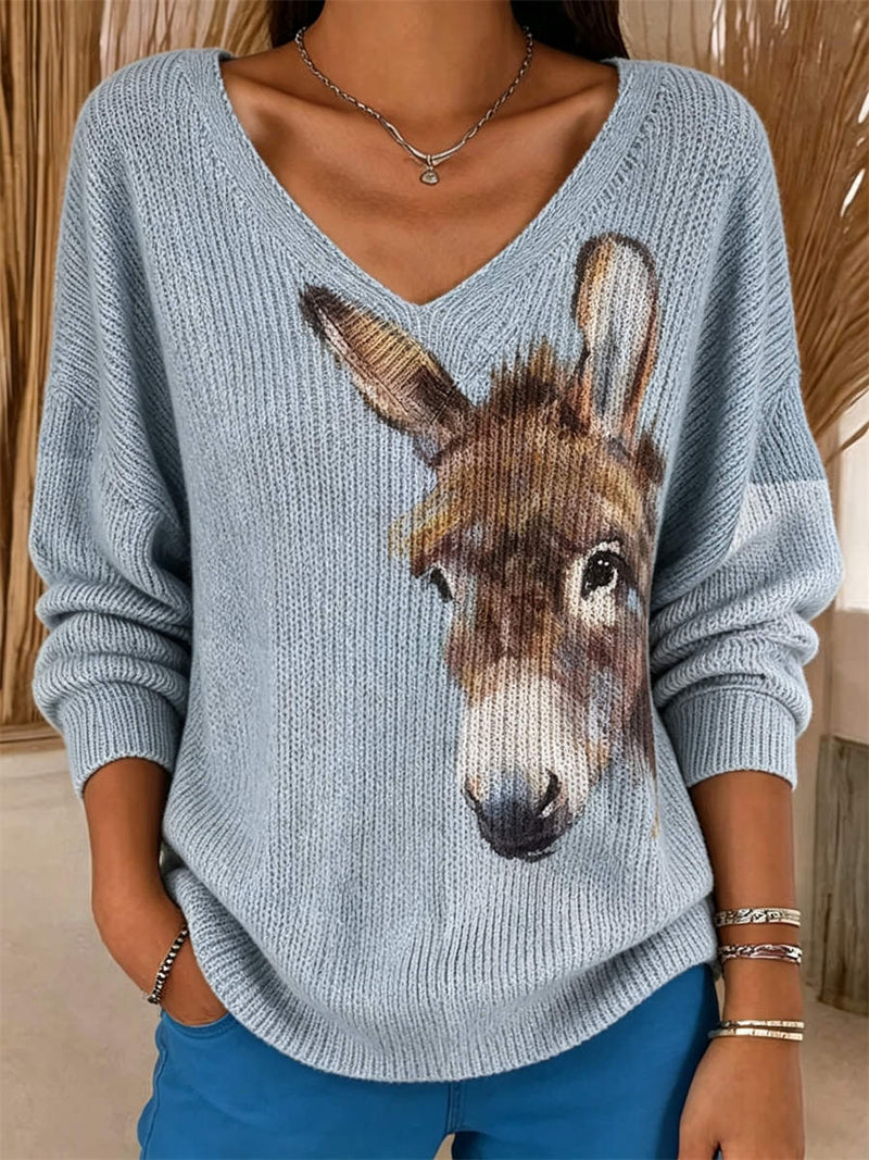 Women's Light Blue Donkey Animal Print V Neck Long Sleeve Sweater