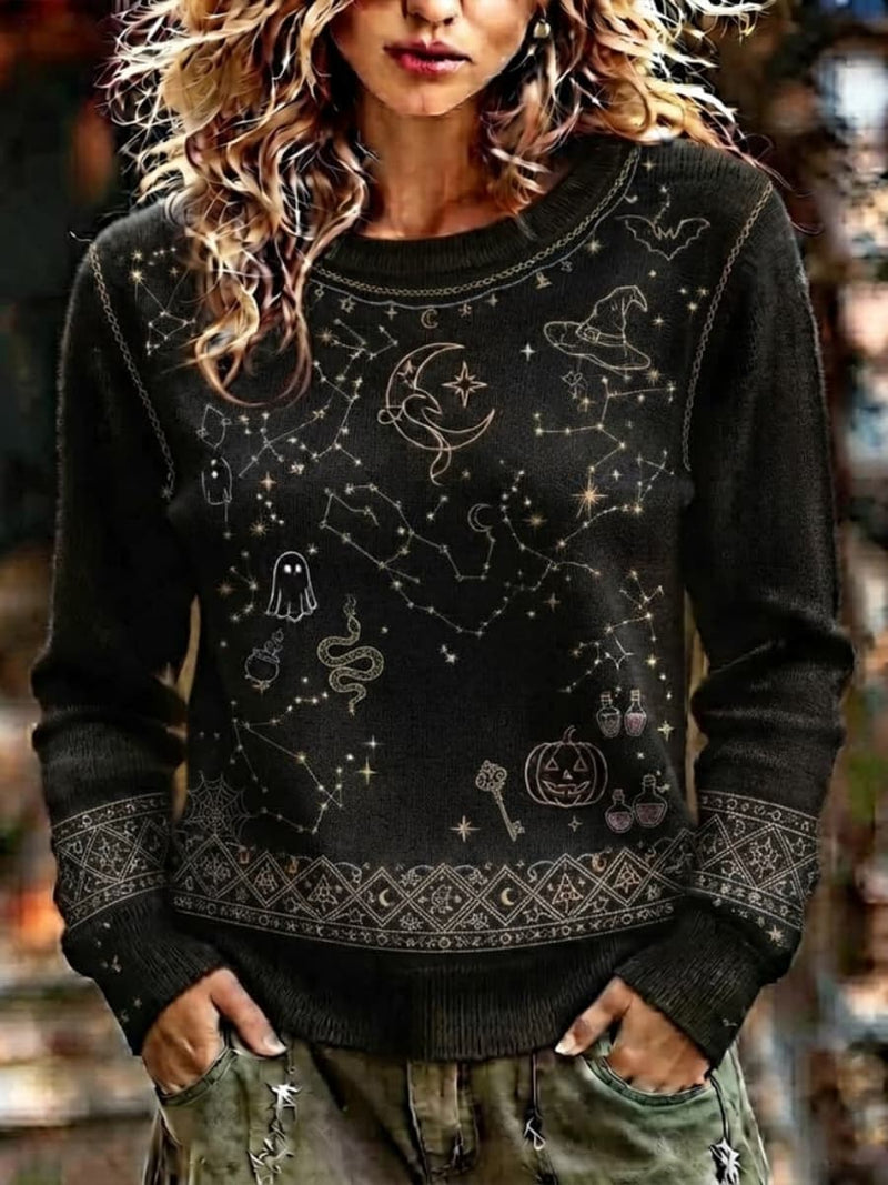Women's Halloween Black Constellation Witch Pumpkin Print Round Neck Long Sleeve Sweater