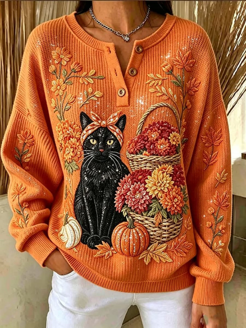 Women's Halloween Orange Black Cat Flower Basket Pumpkin Print Henley Neck Long Sleeve Sweater
