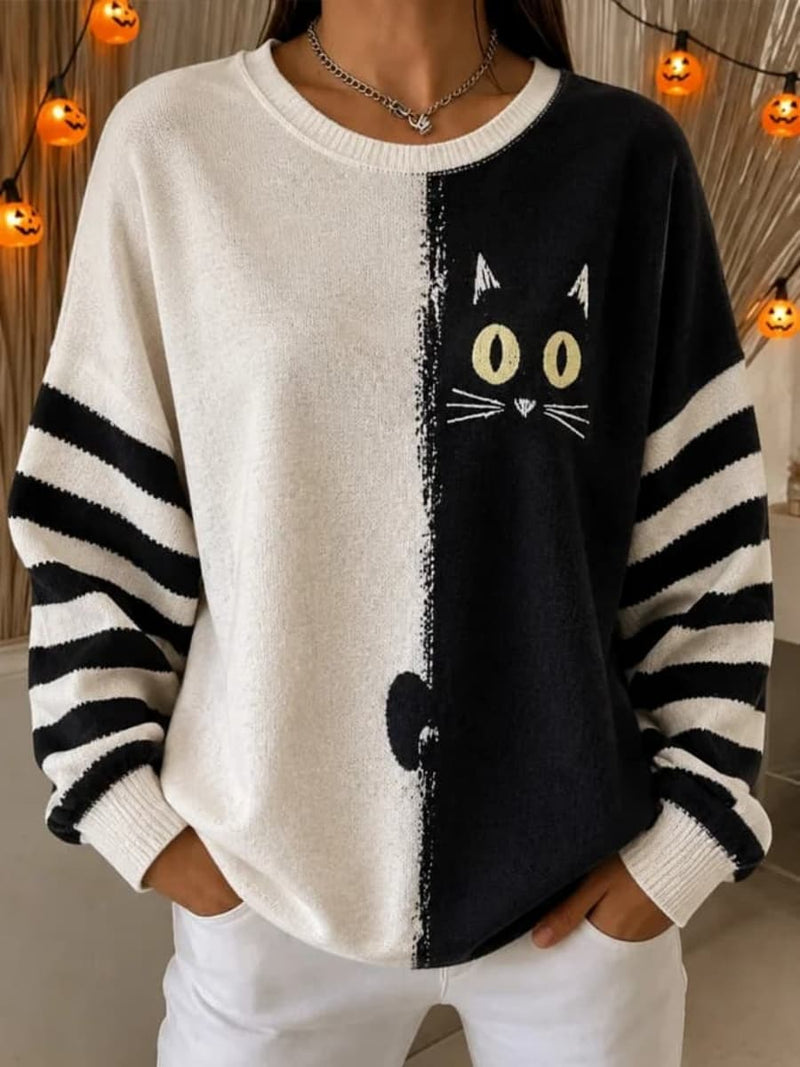Women's Halloween Black White Color Block Cat Stripe Print Round Neck Long Sleeve Sweater