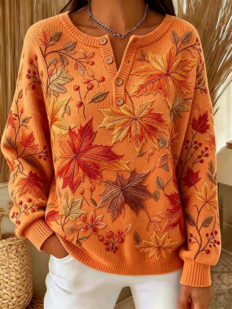 Women's Orange Maple Leaf Berry Print Henley Neck Long Sleeve Sweater