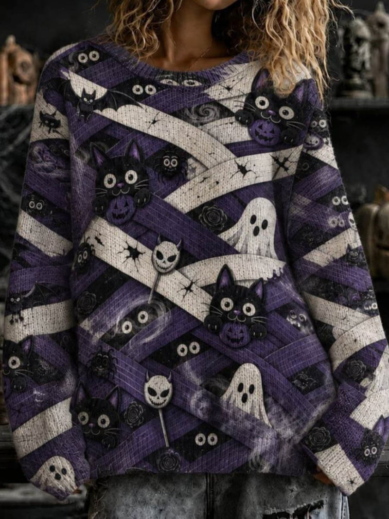 Women's Halloween Purple Mummy Black Cat Ghost Print Round Neck Long Sleeve Sweater