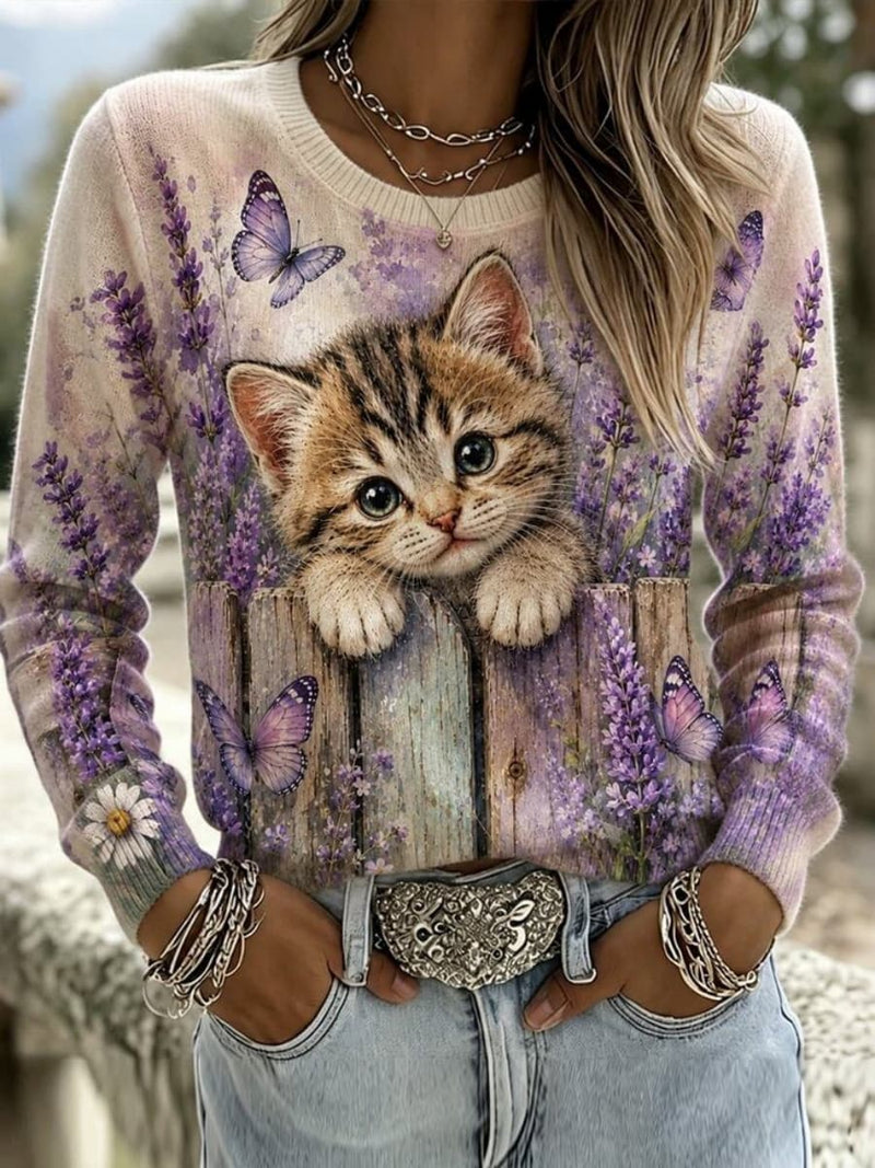 Women's Purple Cat Butterfly Floral Fence Print Round Neck Long Sleeve Sweater