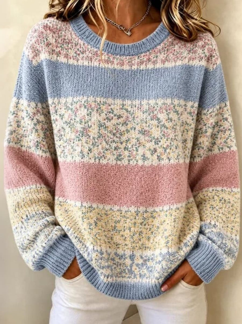 Women's Colorful Stripe Floral Knit Round Neck Long Sleeve Sweater