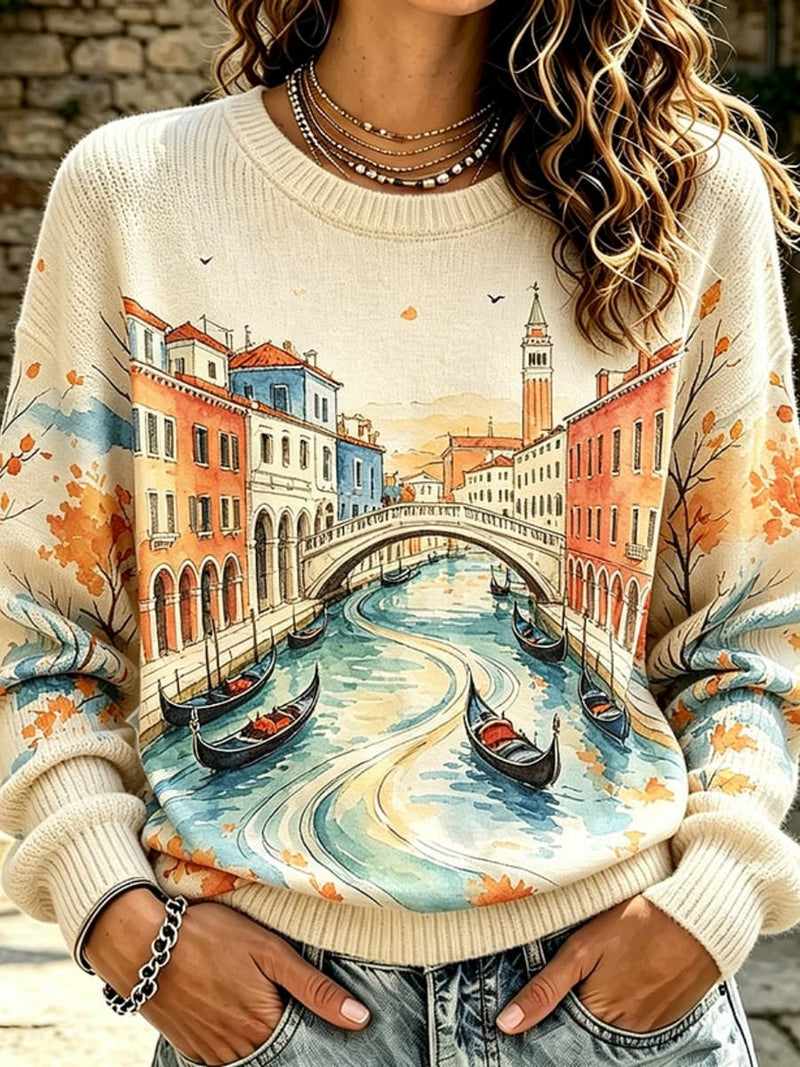 Women's Cream Venice City Landscape Print Round Neck Long Sleeve Sweater