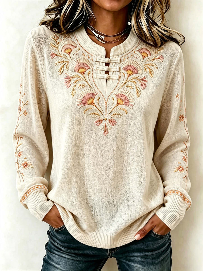 Women's Beige Floral Print Frog Button Split Neck Long Sleeve Sweater