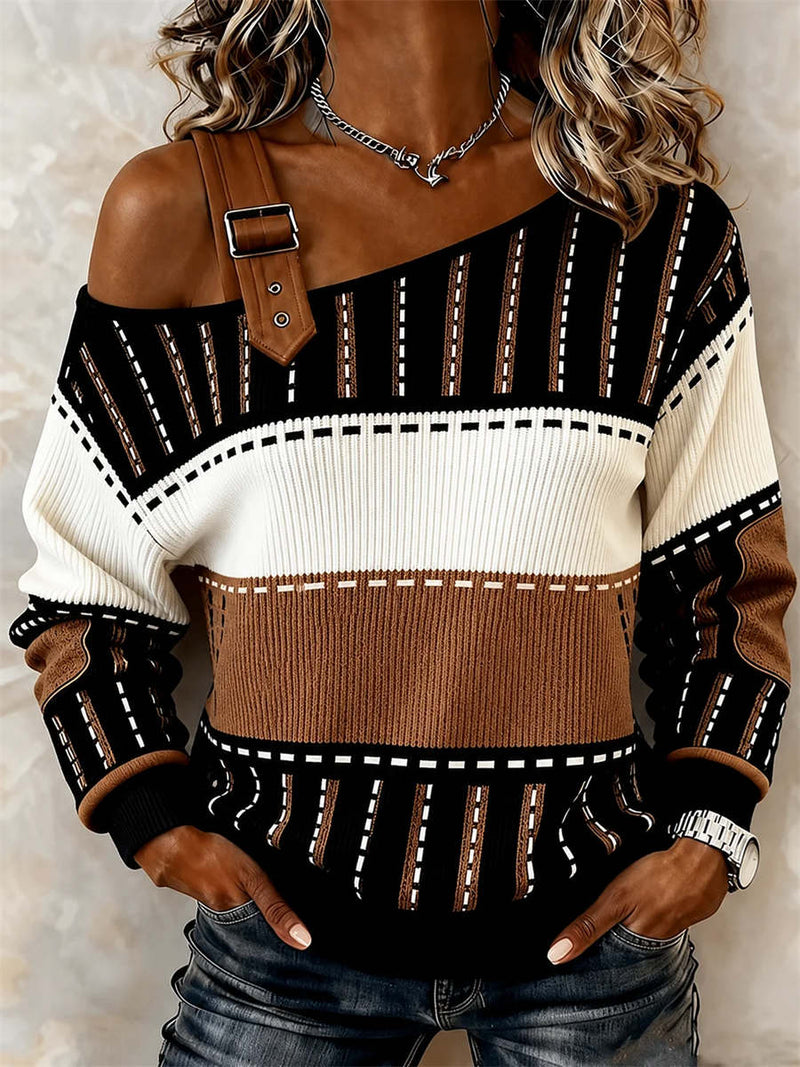 Women's Black Color Block Stripe Print Off Shoulder Long Sleeve Sweater