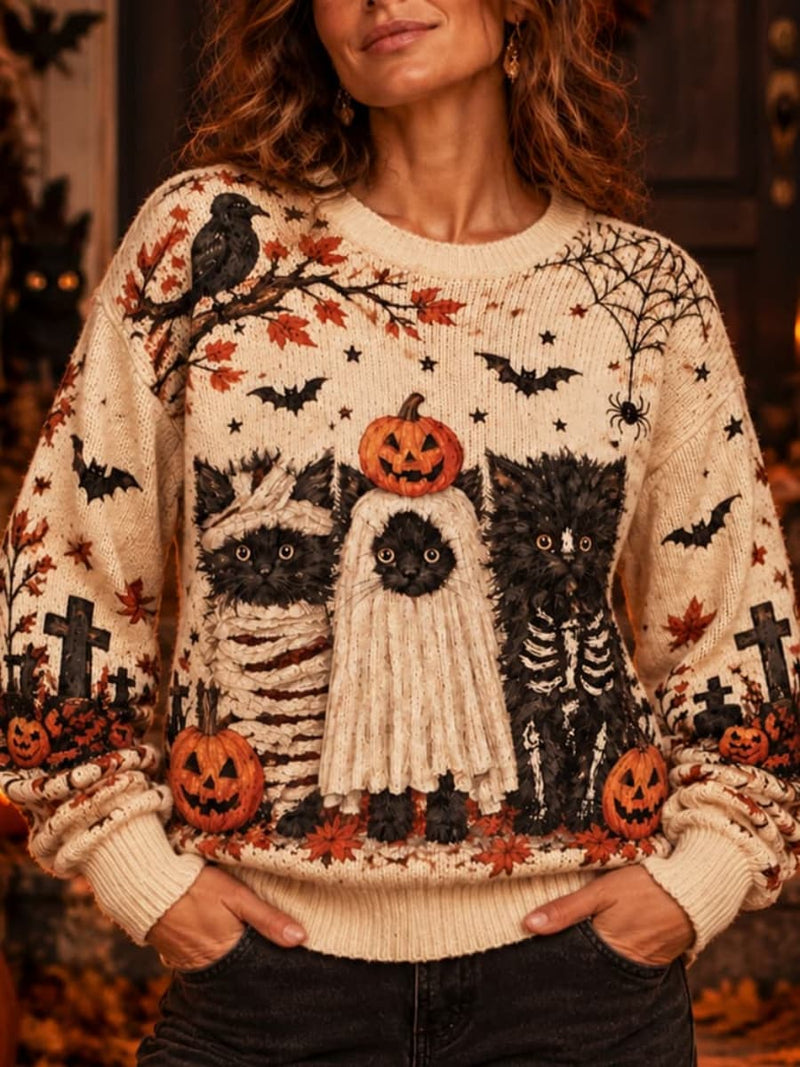 Women's Halloween Beige Cat Ghost Pumpkin Print Round Neck Long Sleeve Sweater